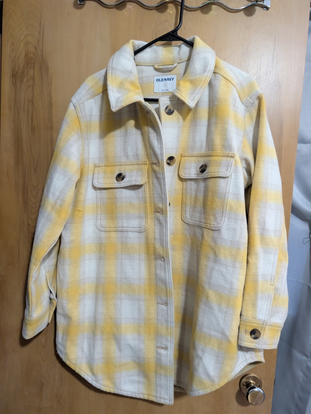 Old Navy Yellow and Cream Plaid Button-Down Shirt Jacket
